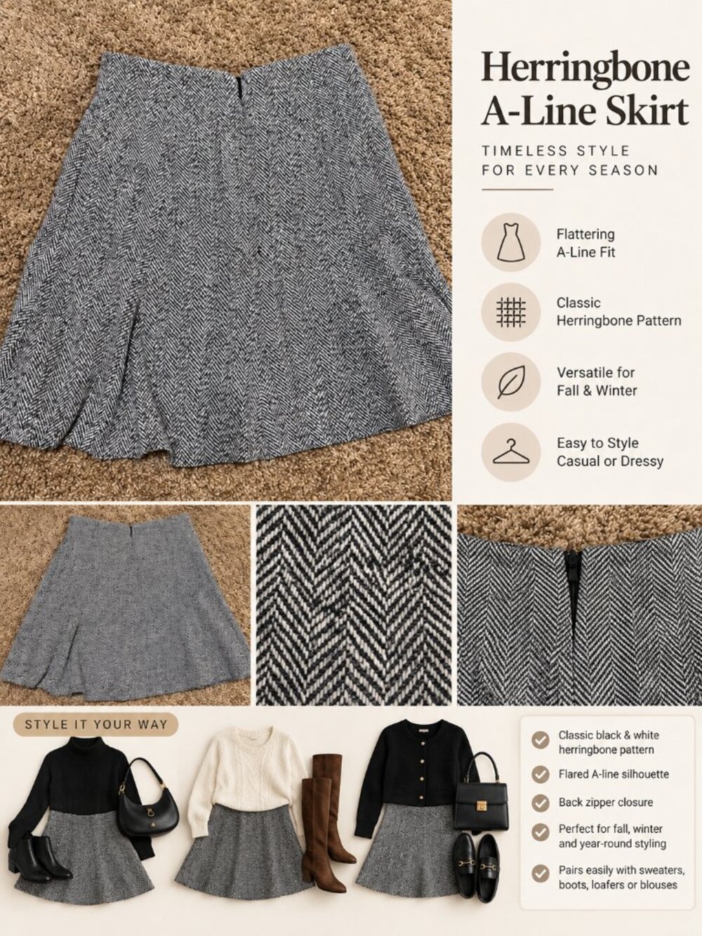 Grey White Herringbone A-Line Skirt Flared Preppy Academia Fall